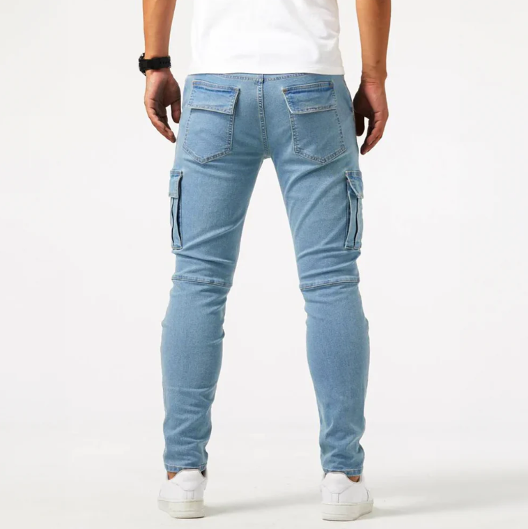 Men’s Tapered Denim Jeans With Utility Pockets And Ribbed Hems