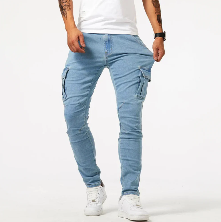 Men’s Tapered Denim Jeans With Utility Pockets And Ribbed Hems
