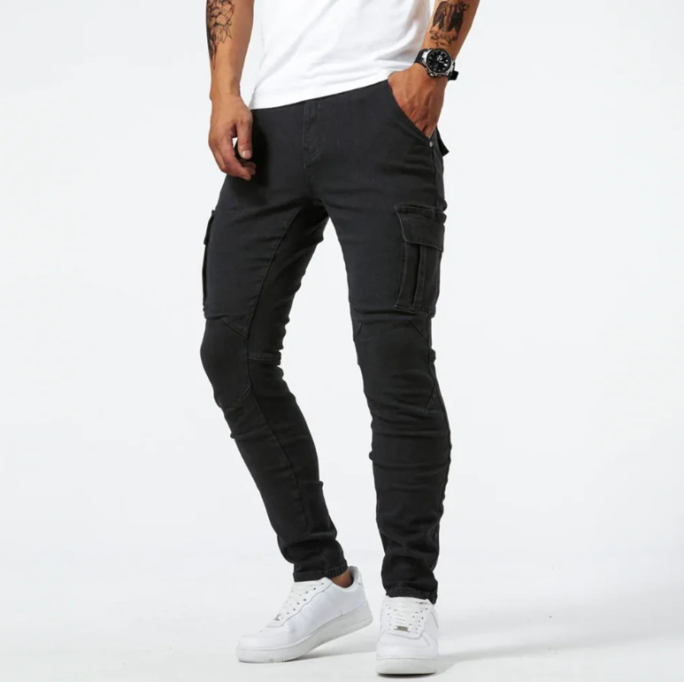 Men’s Tapered Denim Jeans With Utility Pockets And Ribbed Hems