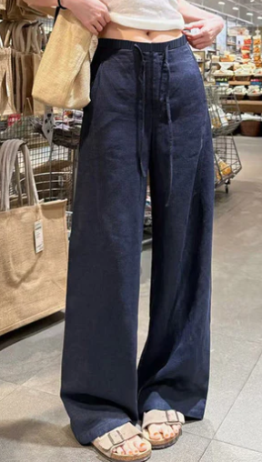 Pantalones casuales relajados de lino para mujer con pierna ancha y cordón