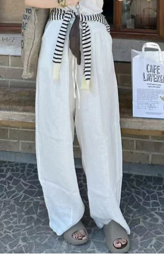 Pantalones casuales relajados de lino para mujer con pierna ancha y cordón