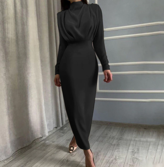 Dame langærmet midikjole med høj hals, tætsiddende talje, elegant bodycon-stil