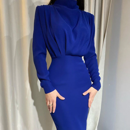 Women’s Long Sleeve Midi Dress High Neck Fitted Waist Elegant Bodycon Style