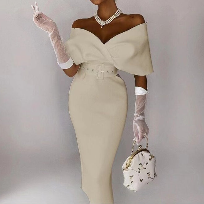 Women’s Bodycon Dress Off Shoulder Structured Belted Midi Elegance