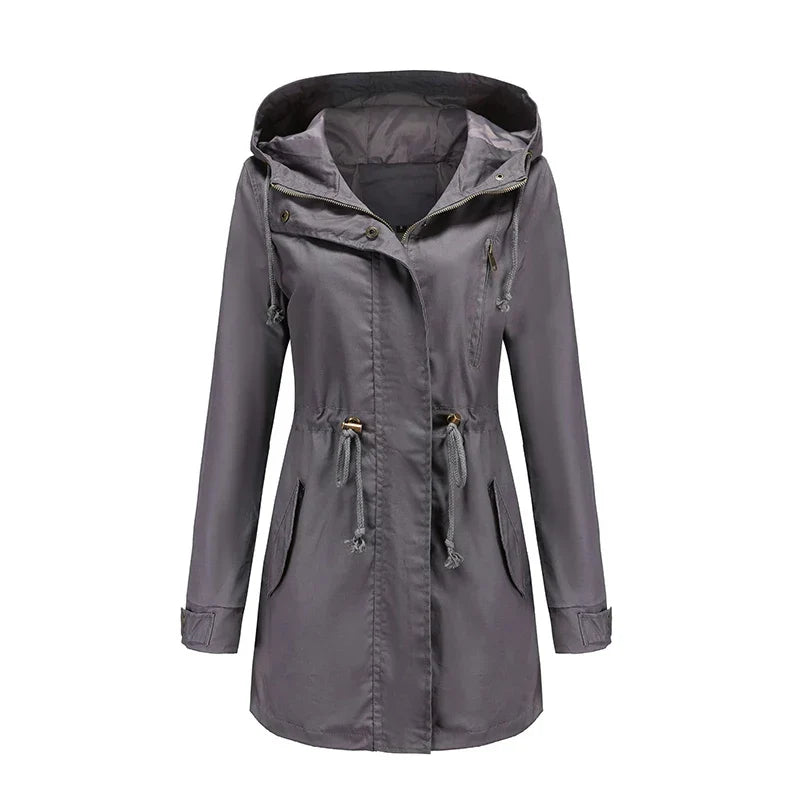 Chaqueta parka ligera con capucha para mujer, cintura ajustable con cordón y cuello alto – Prenda de abrigo utilitaria de manga larga y corte holgado, con bolsillos delanteros, para el día a día informal en primavera y otoño