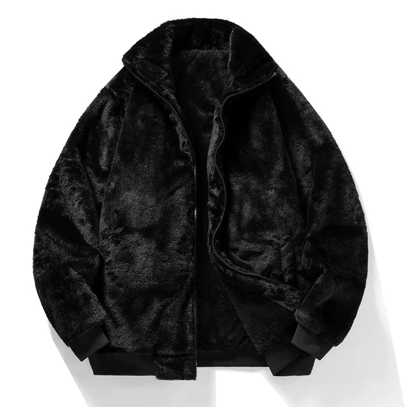 Veste en fausse fourrure pelucheuse pour homme - vêtement d’extérieur d’hiver épais avec col montant et finitions côtelées