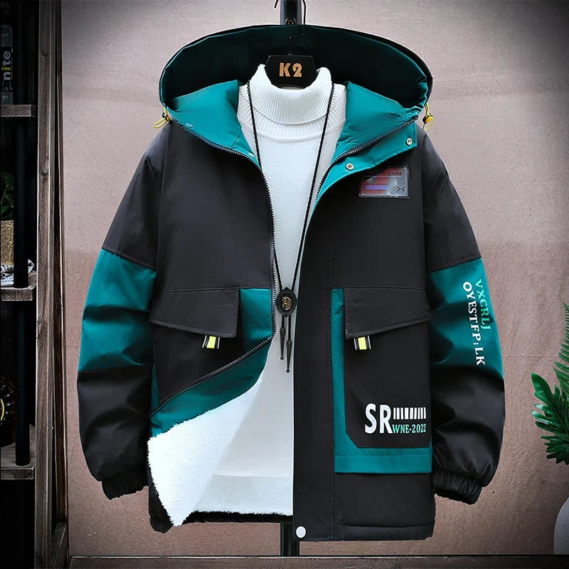 Men’s Plush-Lined Hooded Winter Jacket – Windproof Colour-Block Insulated Coat with Utility Pockets