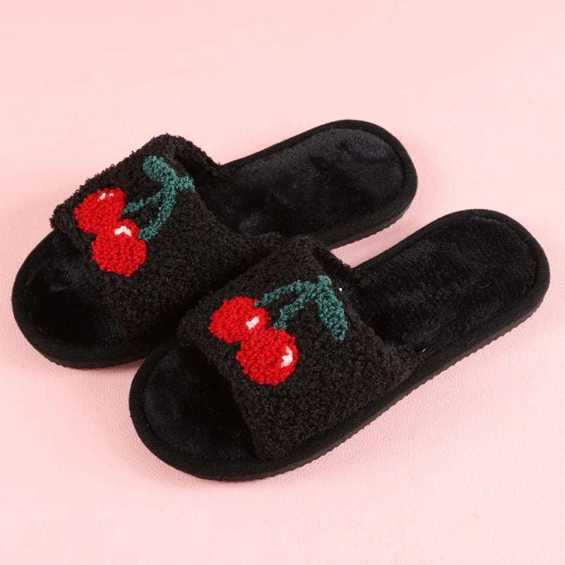 Women’s Cherry-Detail Plush Slide Slippers – Open-Toe House Shoes with Cushioned Sole