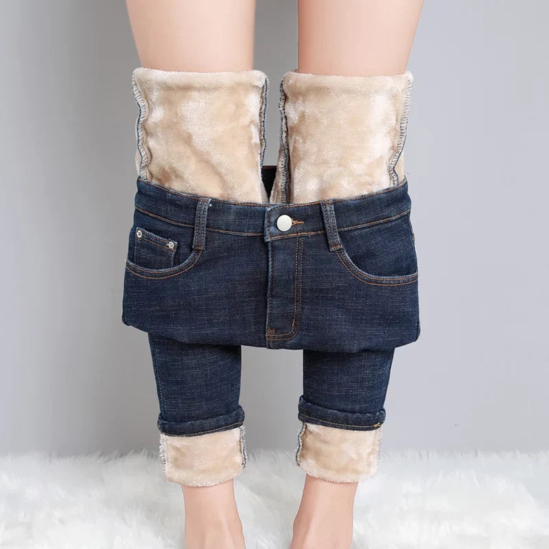 Pantalones vaqueros cálidos para mujer, forrados de forro polar, con cintura alta y corte elástico - Pantalones largos de invierno, gruesos y aislantes, con interior suave y afelpado, para disfrutar de una comodidad informal diaria en climas fríos