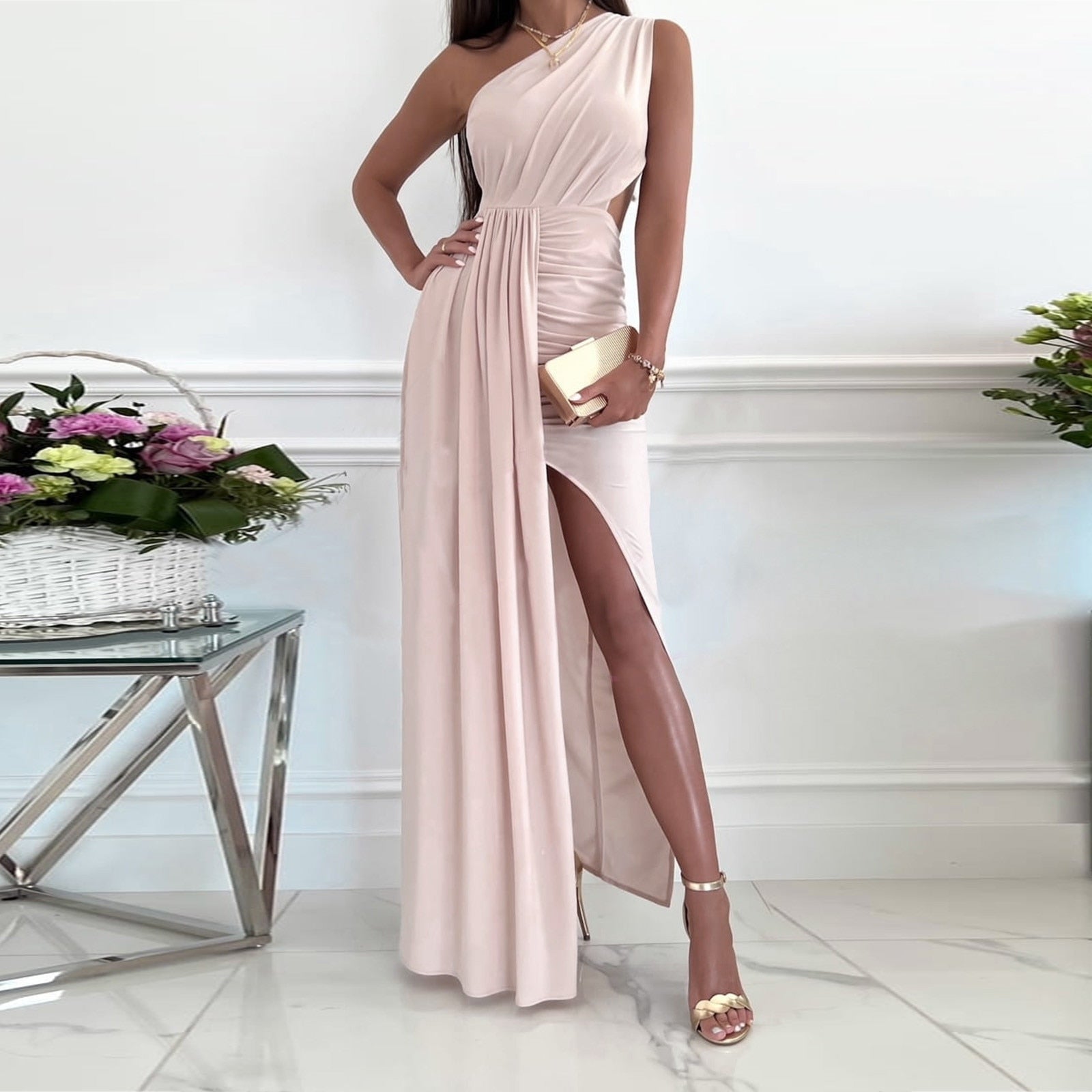 Women’s One Shoulder Maxi Dress Draped Waist Split Evening Gown