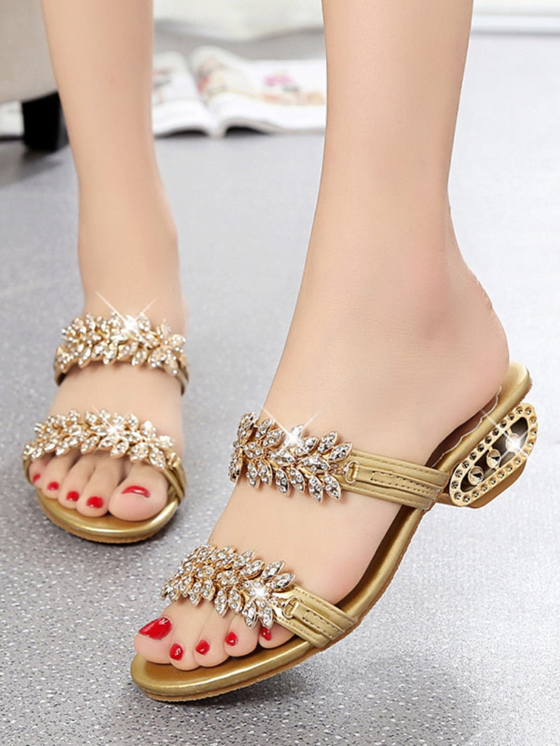 Sandalias de mujer con pedrería, sin cierre, tacón bajo, elegantes, punta abierta, para vestido de verano
