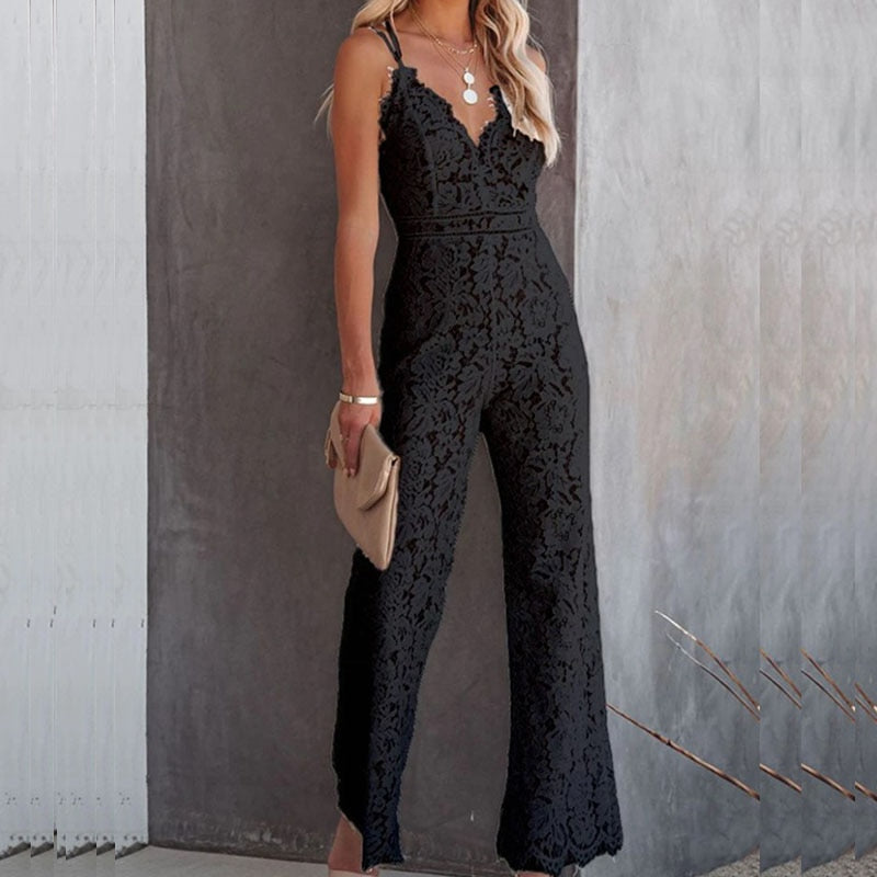Mono de encaje para mujer, elegante, con escote en V y pierna ancha, conjunto para noche y ocasiones especiales