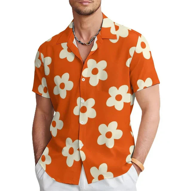 Men’s Floral Print Shirt Bold Orange Short Sleeve Summer Top