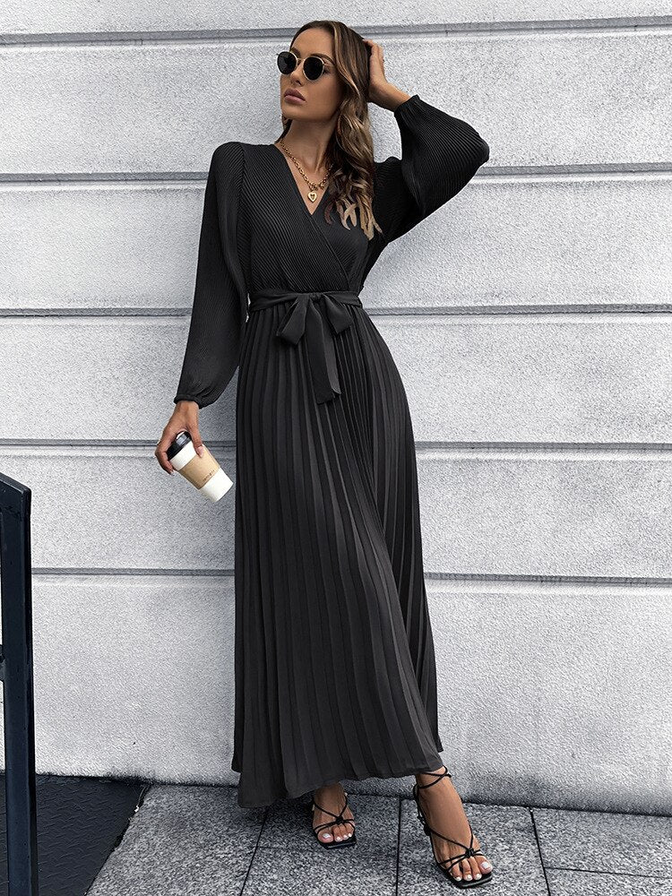 Women’s Maxi Dress Pleated Wrap Waist Tie Long Sleeve