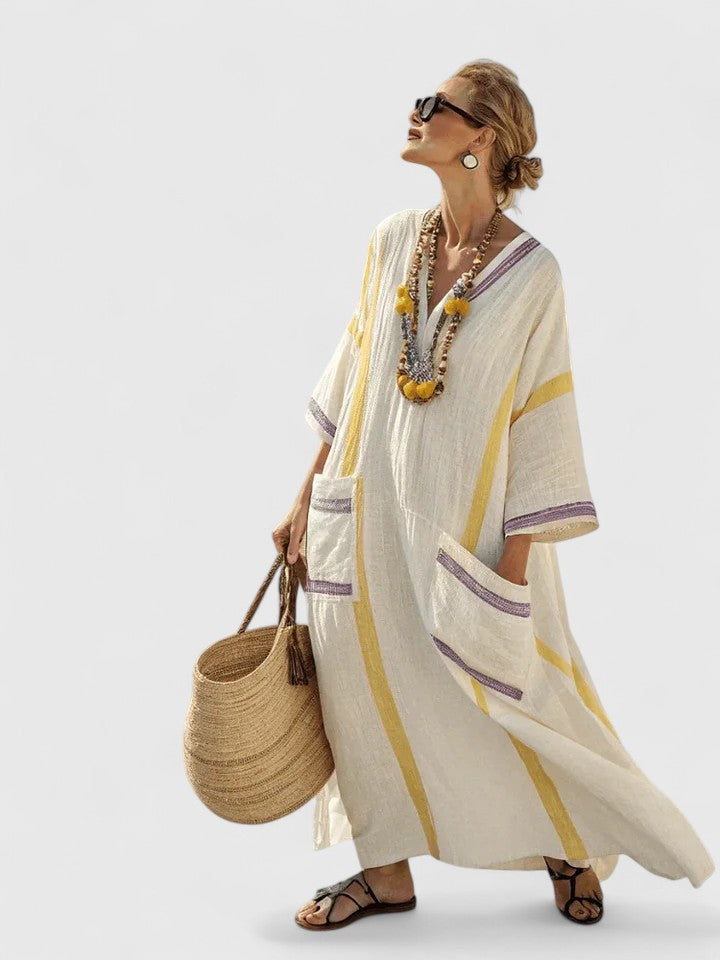 Women’s Oversized Striped Kaftan V Neck Maxi Dress