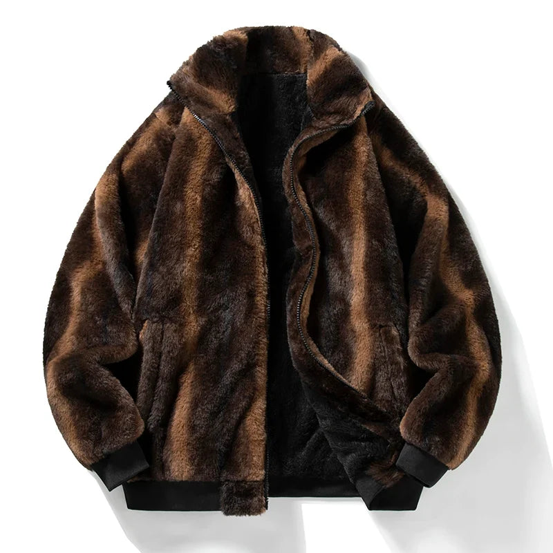 Veste en fausse fourrure pelucheuse pour homme - vêtement d’extérieur d’hiver épais avec col montant et finitions côtelées
