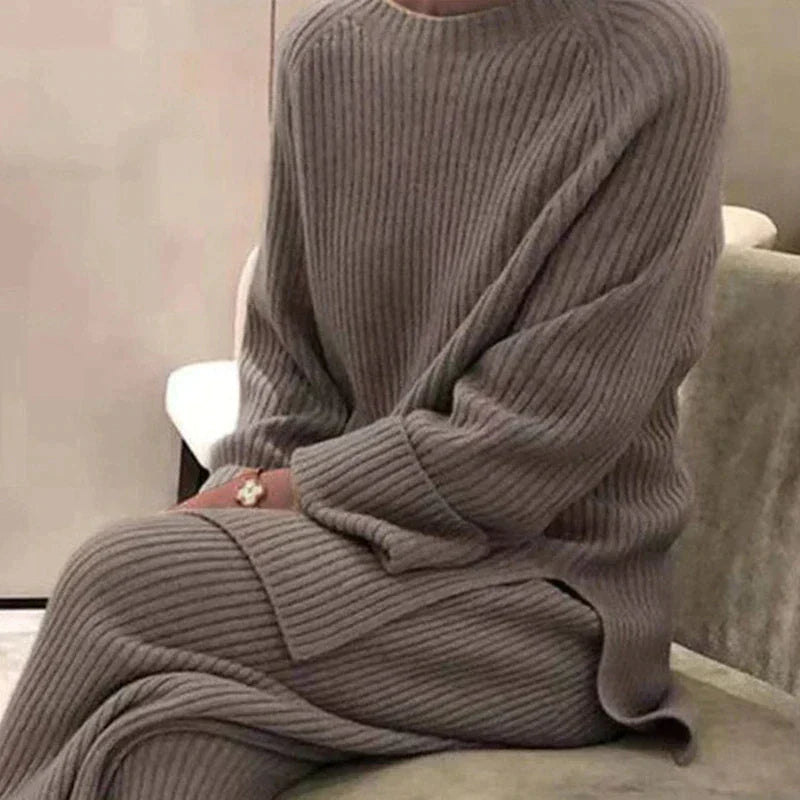Women’s Ribbed Sweater and Wide-Leg Trouser Set – Cosy Two-Piece Winter Outfit