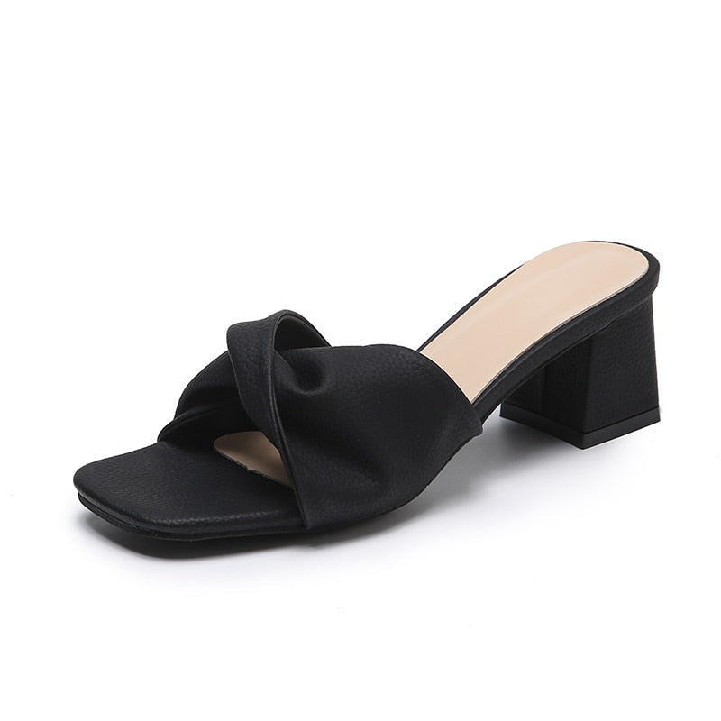 Women’s Block Heel Mule Sandals Twisted Strap Open Toe Elegant Slip On Heels