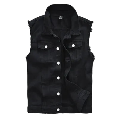 Gilet en jean sans manches pour homme, effet usé – veste trucker boutonnée à superposer, avec emmanchures effilochées et poches poitrine
