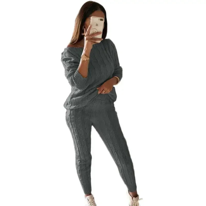 Ensemble pour femme composé d'un pull en maille torsadée et d'un pantalon de jogging à col large - Tenue d'intérieur décontractée deux pièces avec pantalon à poignets pour l'automne et l'hiver