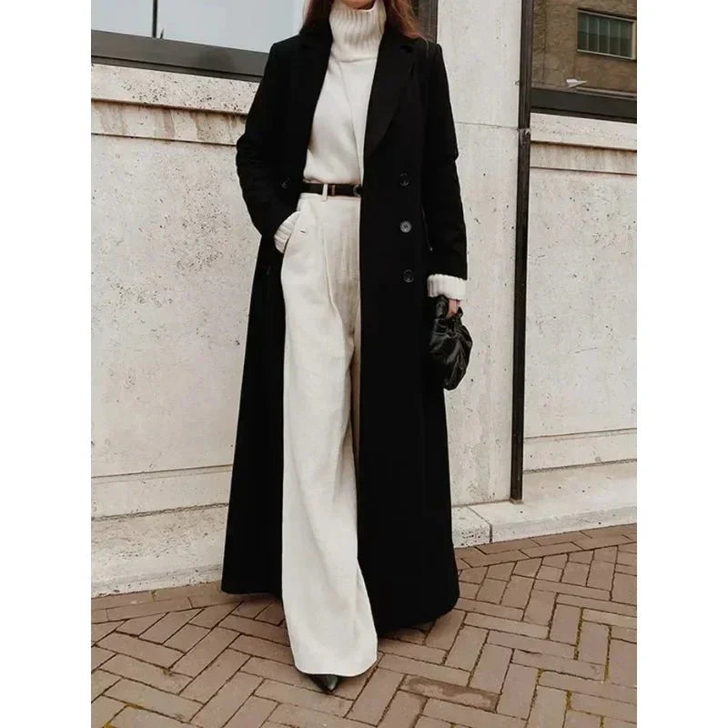 Women's Elegant Double-Breasted Longline Coat with Wide Notch Lapels and Relaxed Tailored Fit – Classic Full Length Winter Overcoat for Sophisticated Office Wear and Smart Casual Autumn and Winter Outfits