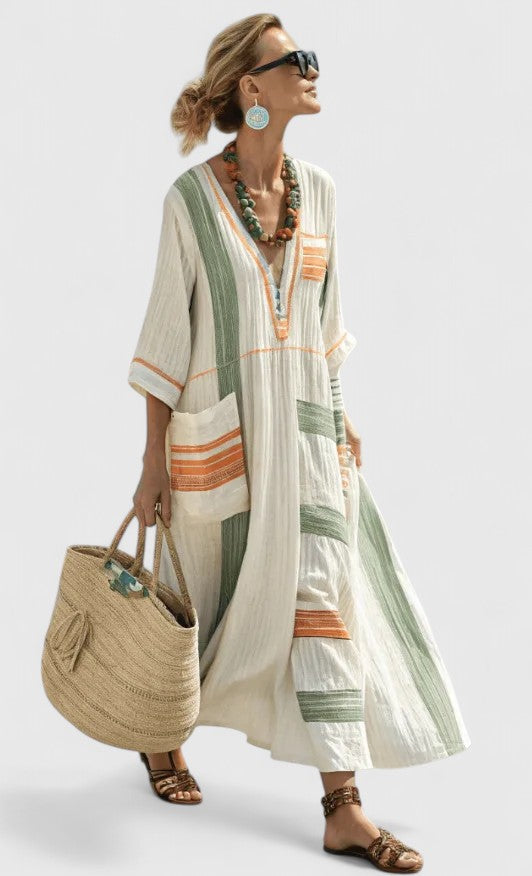 Women’s Oversized Striped Kaftan V Neck Maxi Dress