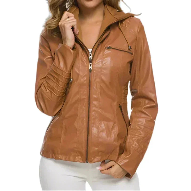 Damesjas met capuchon in lederlook en ritsdetails - getailleerd silhouet voor dagelijks gebruik en styling in het tussenseizoen