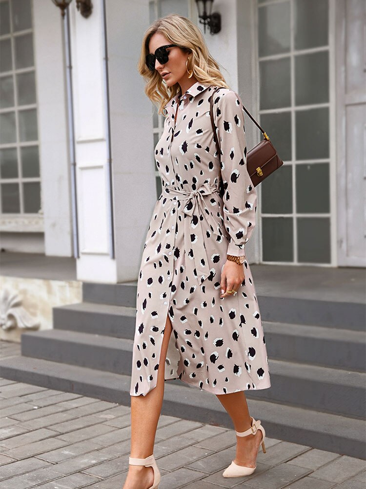 Women’s Printed Shirt Midi Dress with Tie Waist – Elegant Day and Evening Style