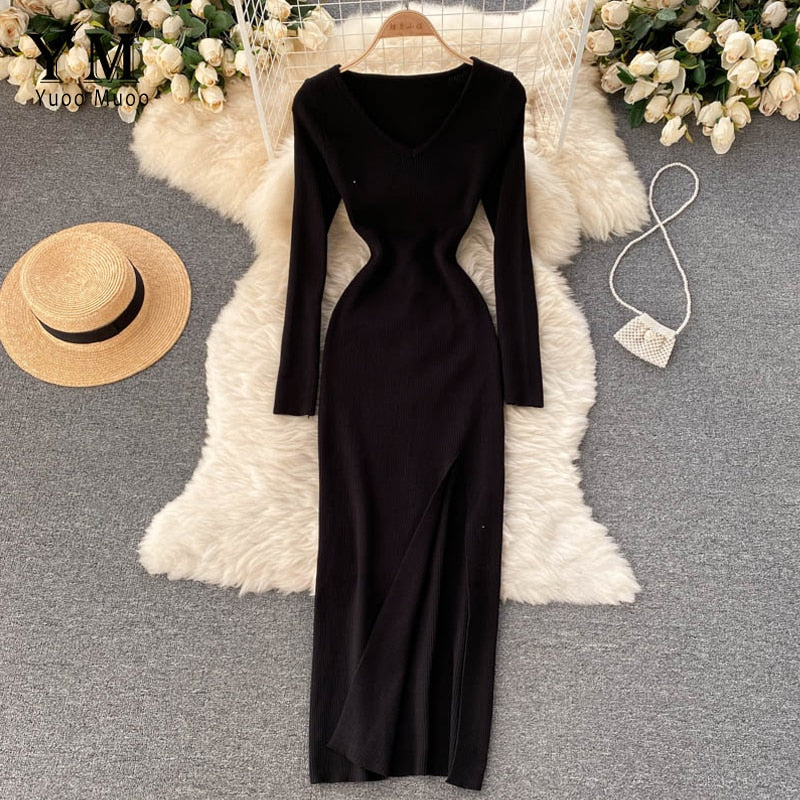 Women’s Ribbed Knit Bodycon Maxi Dress – Long Sleeve V-Neck Style for Autumn and Winter