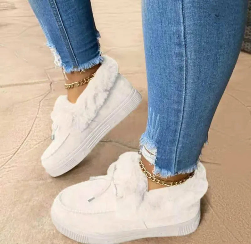 Vintermokkasiner til kvinder med plysfor - slip-on-platformloafers med imiteret pelskant