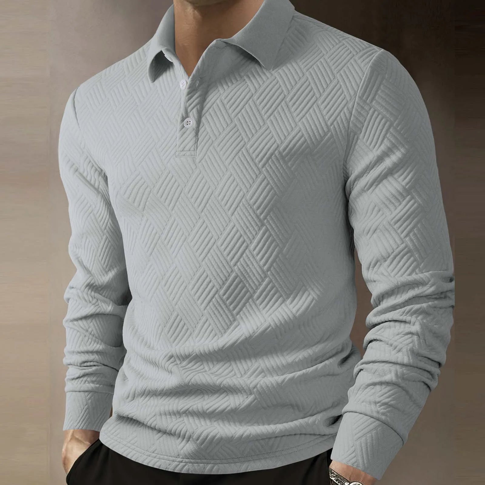 Men’s Long Sleeve Polo Shirt Textured Knit Smart Casual Top