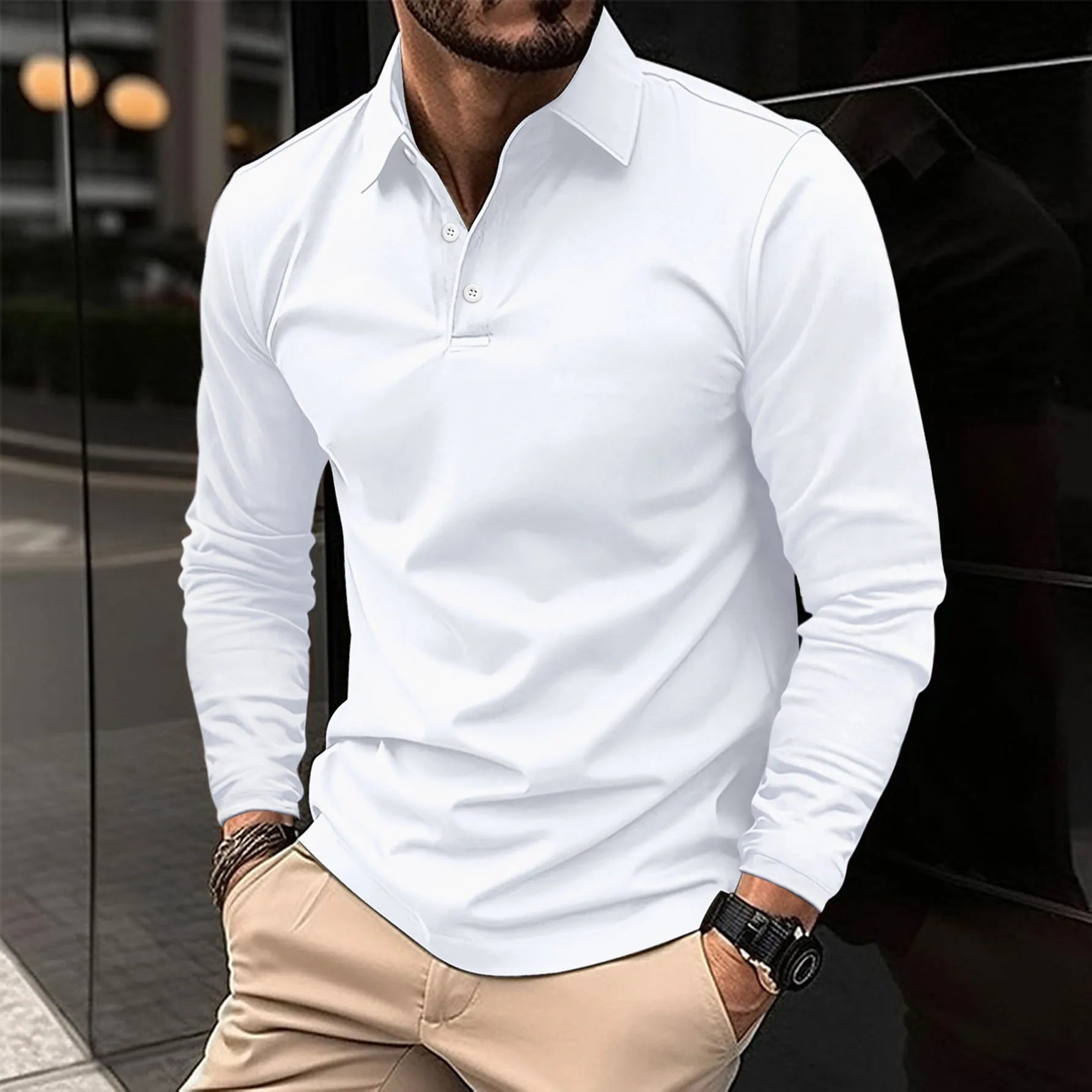 Polo ajusté pour homme à manches longues – haut doux et élégant, style décontracté chic pour le bureau et les soirées