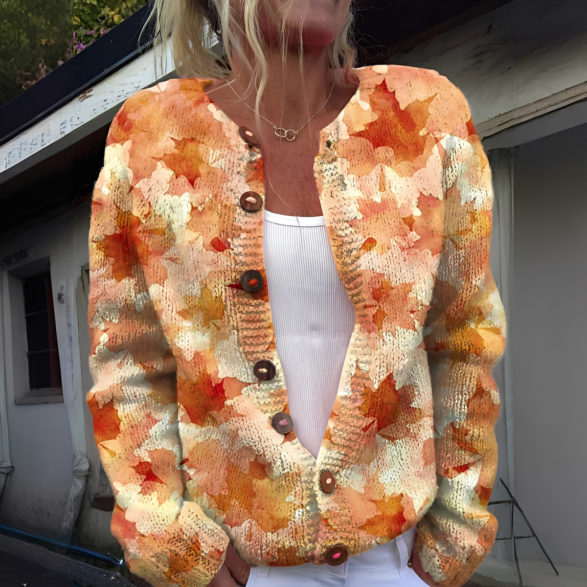 Damesvest met zachte textuur en print, knoopsluiting aan de voorkant - comfortabele, losvallende gebreide laag voor herfst en winter