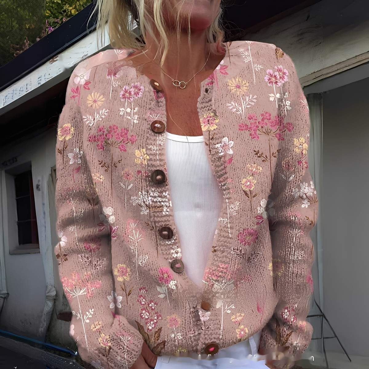 Damesvest met zachte textuur en print, knoopsluiting aan de voorkant - comfortabele, losvallende gebreide laag voor herfst en winter