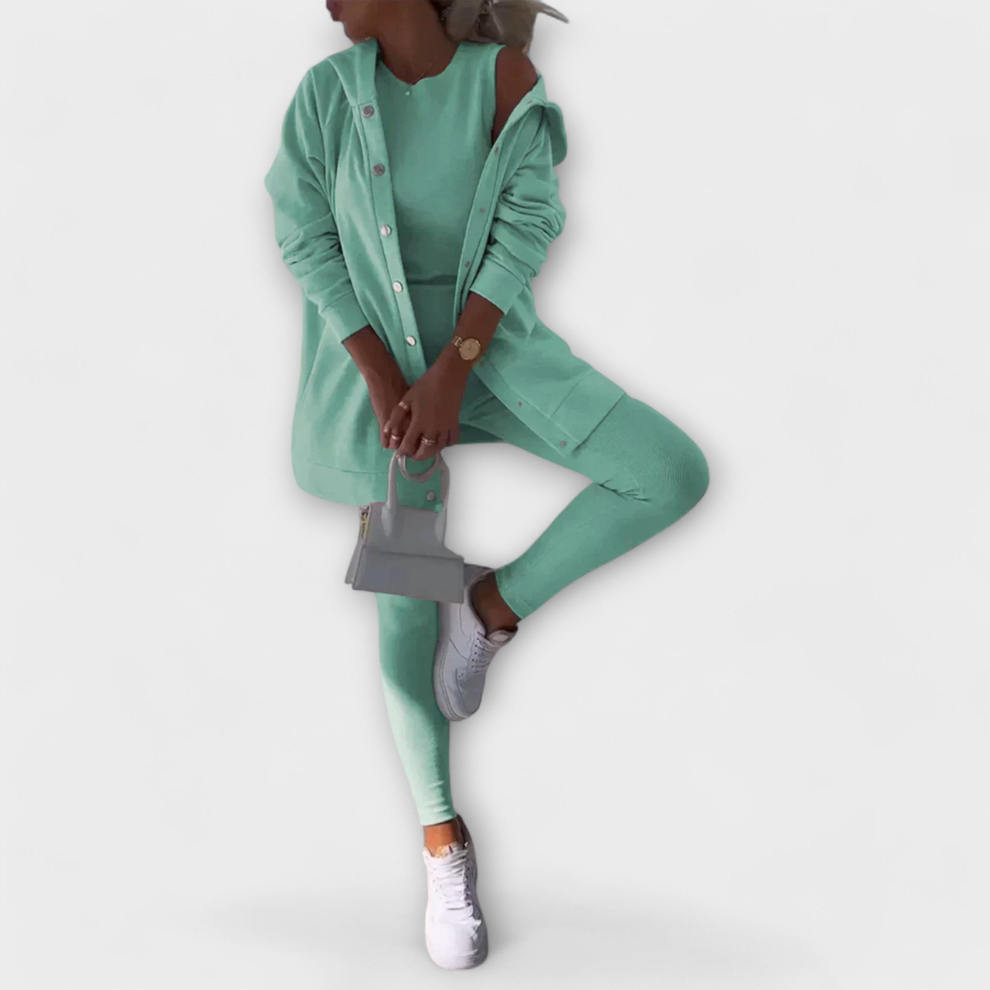 Women’s Three-Piece Cardigan Set – Longline Layer with Top and Leggings for Spring and Autumn