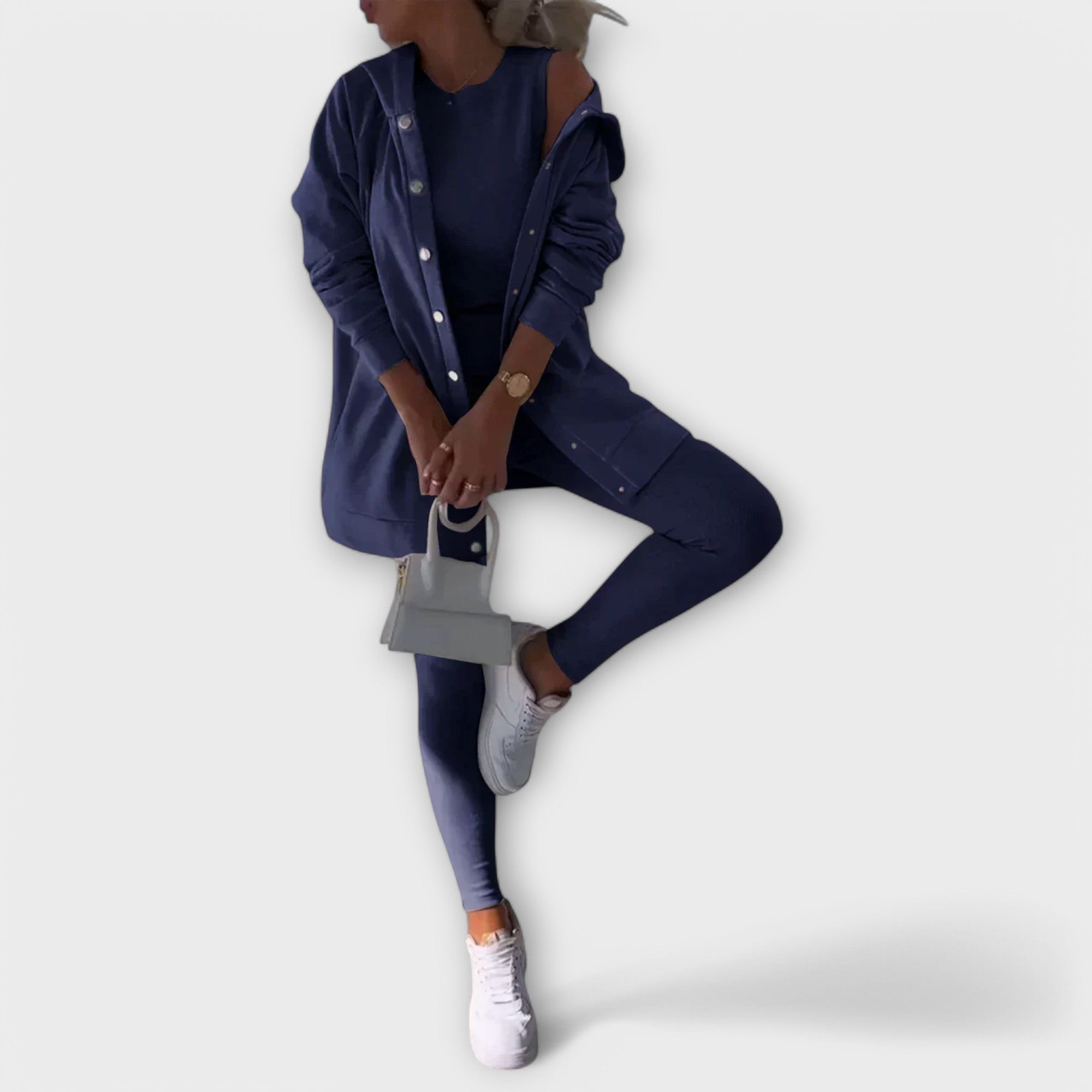 Women’s Three-Piece Cardigan Set – Longline Layer with Top and Leggings for Spring and Autumn