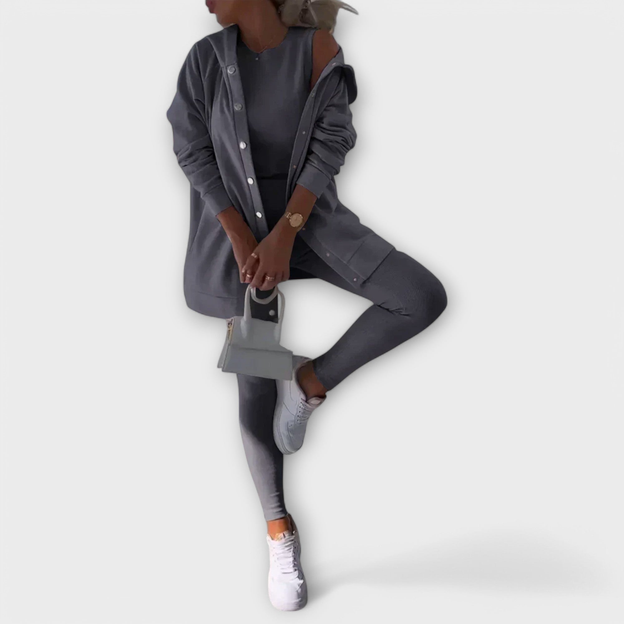 Women’s Three-Piece Cardigan Set – Longline Layer with Top and Leggings for Spring and Autumn