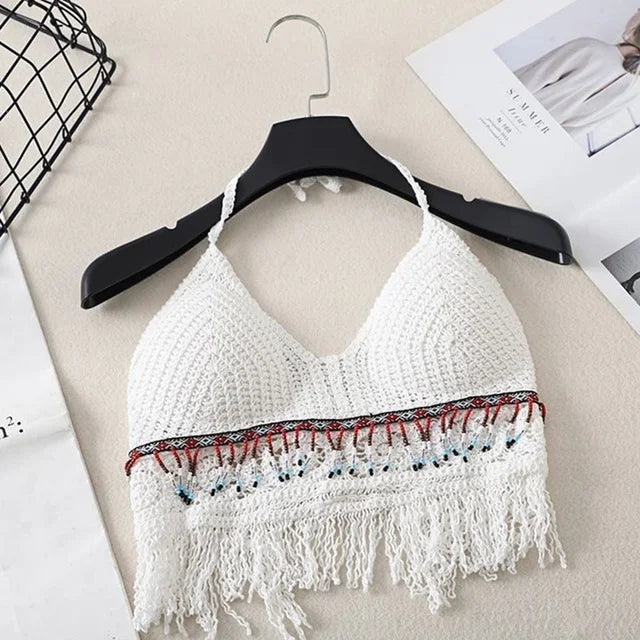 Haut court au crochet pour femme, à dos nu, avec col en V et ourlet à franges - Style bohème estival pour les vacances et les festivals