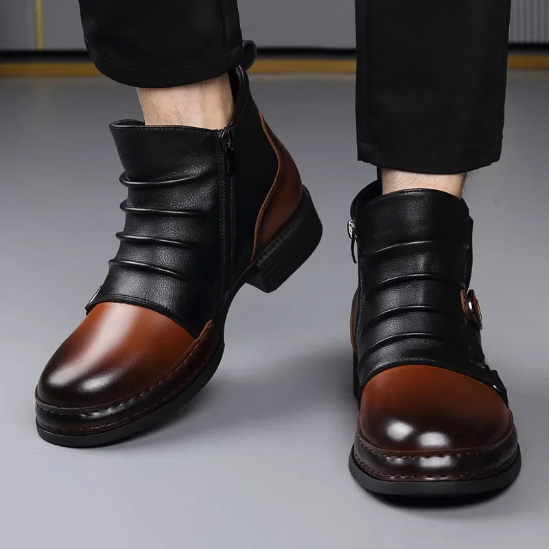Men’s Retro Ankle Boots – Warm-Lined Side-Zip Low-Heel Winter Boots with Ruched Upper and Buckle Detail