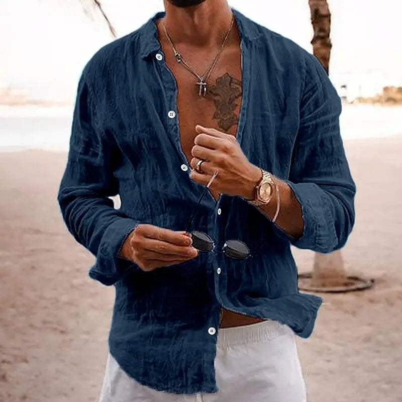 Men’s Long Sleeve Linen Summer Casual Beach Shirt