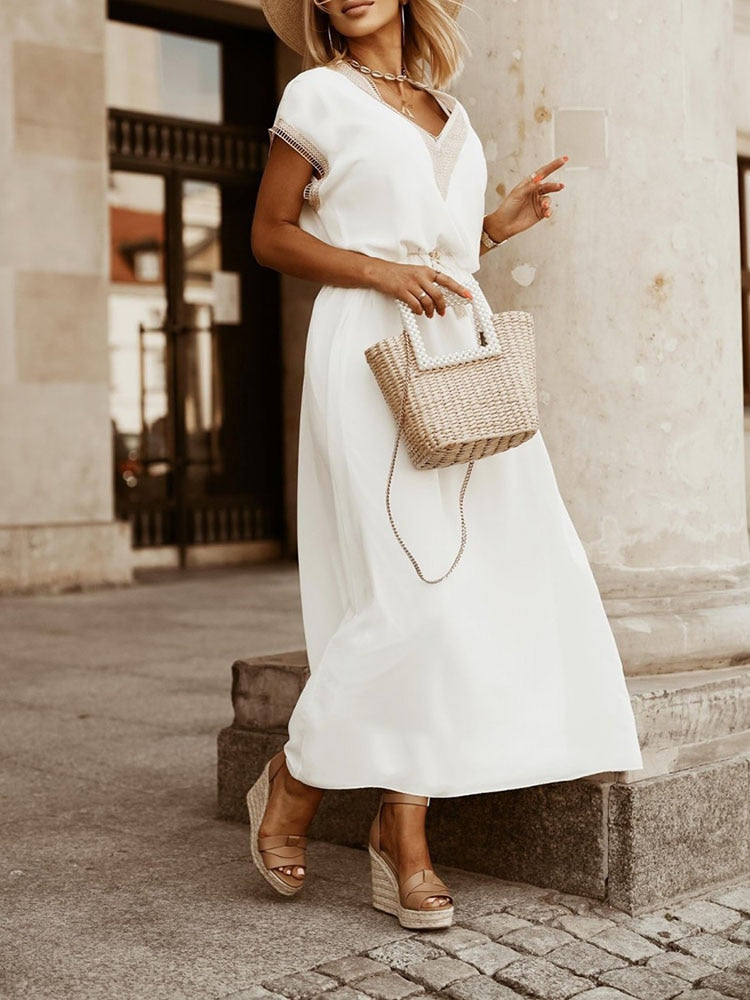 Vestido de verano para mujer con cintura de borlas, escote en V y detalle de crochet