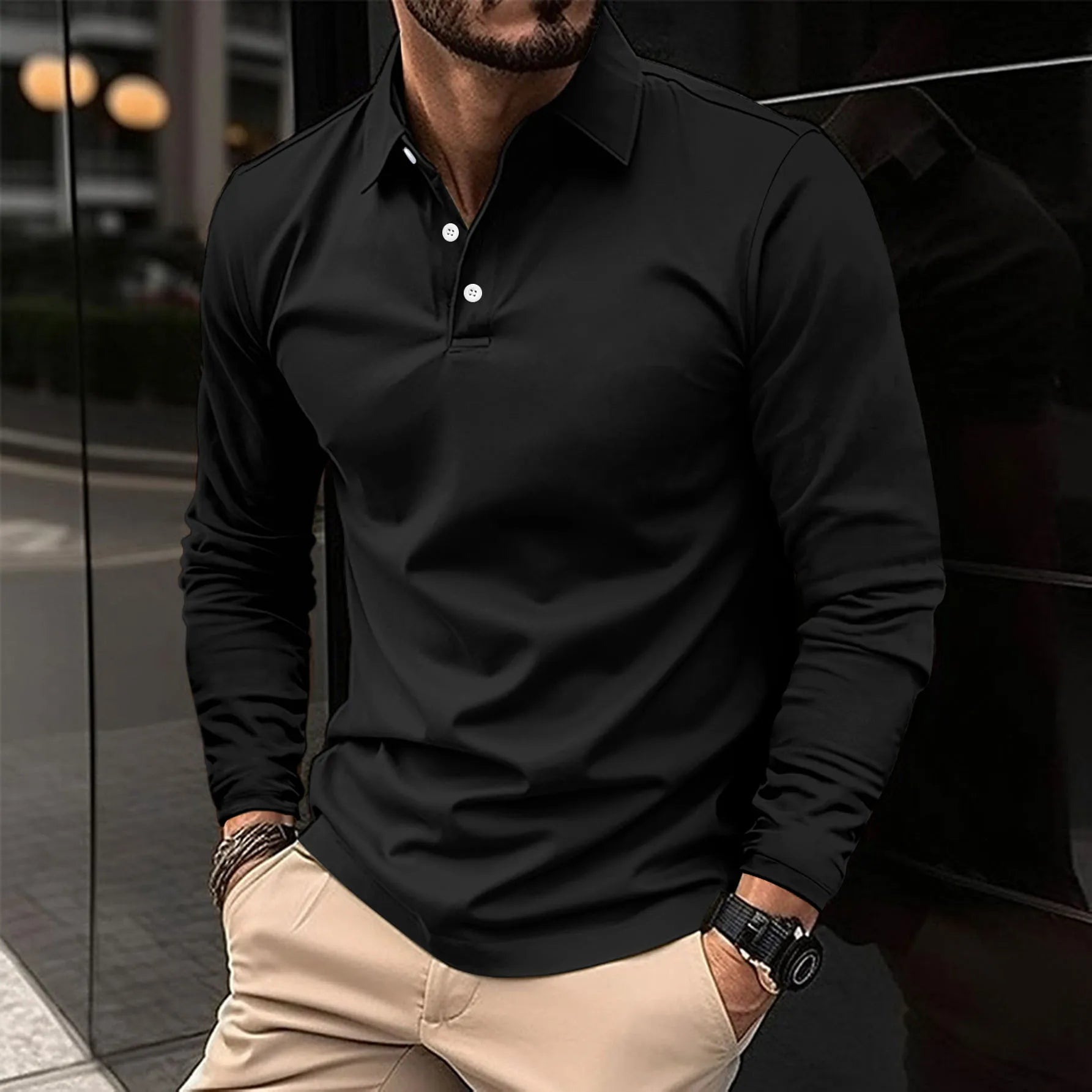Polo ajusté pour homme à manches longues – haut doux et élégant, style décontracté chic pour le bureau et les soirées