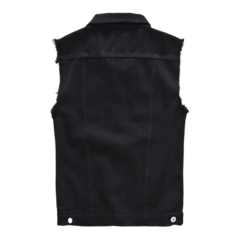 Gilet en jean sans manches pour homme, effet usé – veste trucker boutonnée à superposer, avec emmanchures effilochées et poches poitrine