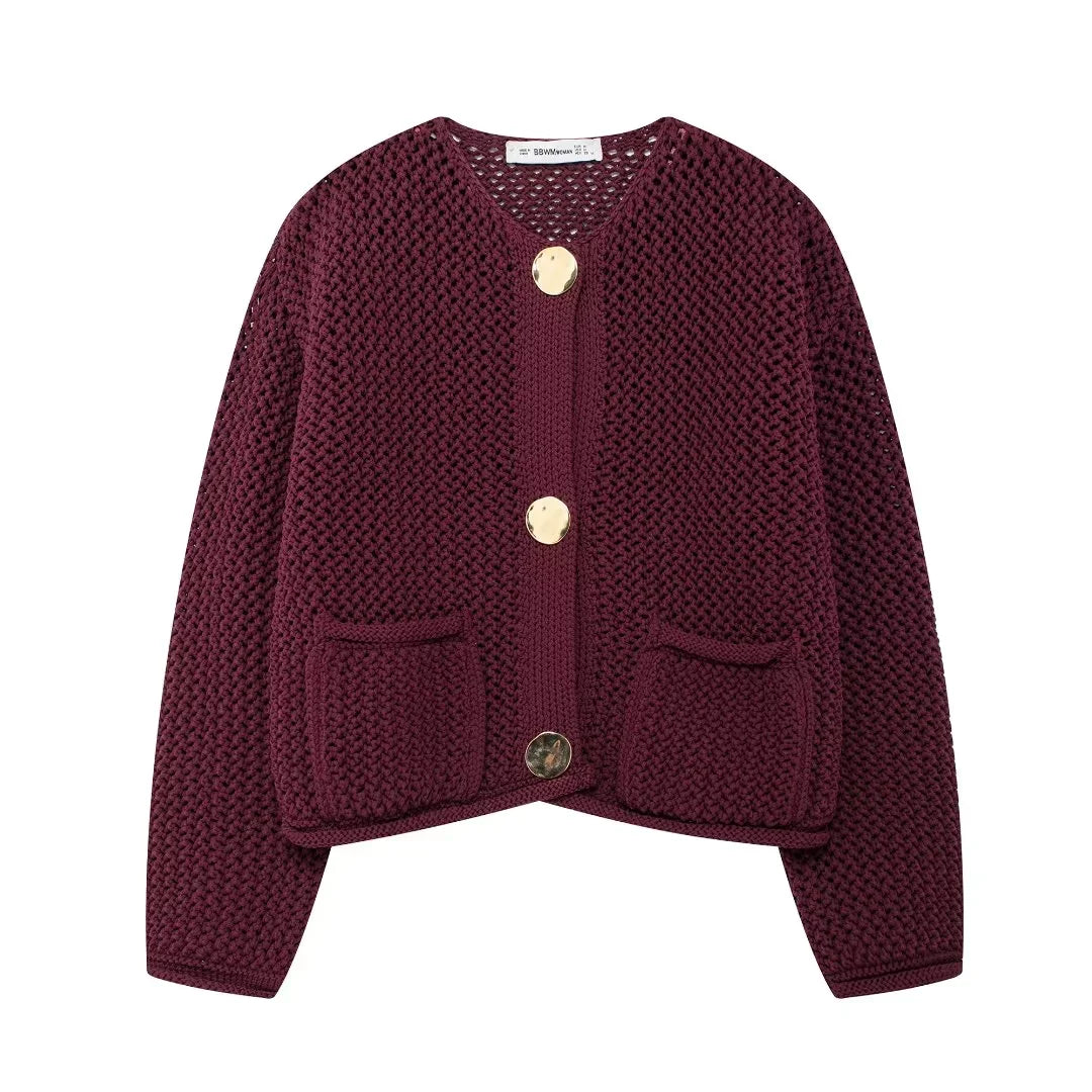 Cardigan tricotat scurt și gros pentru femei, cu nasturi statement și buzunare - strat elegant cu croială lejeră pentru toamnă și iarnă