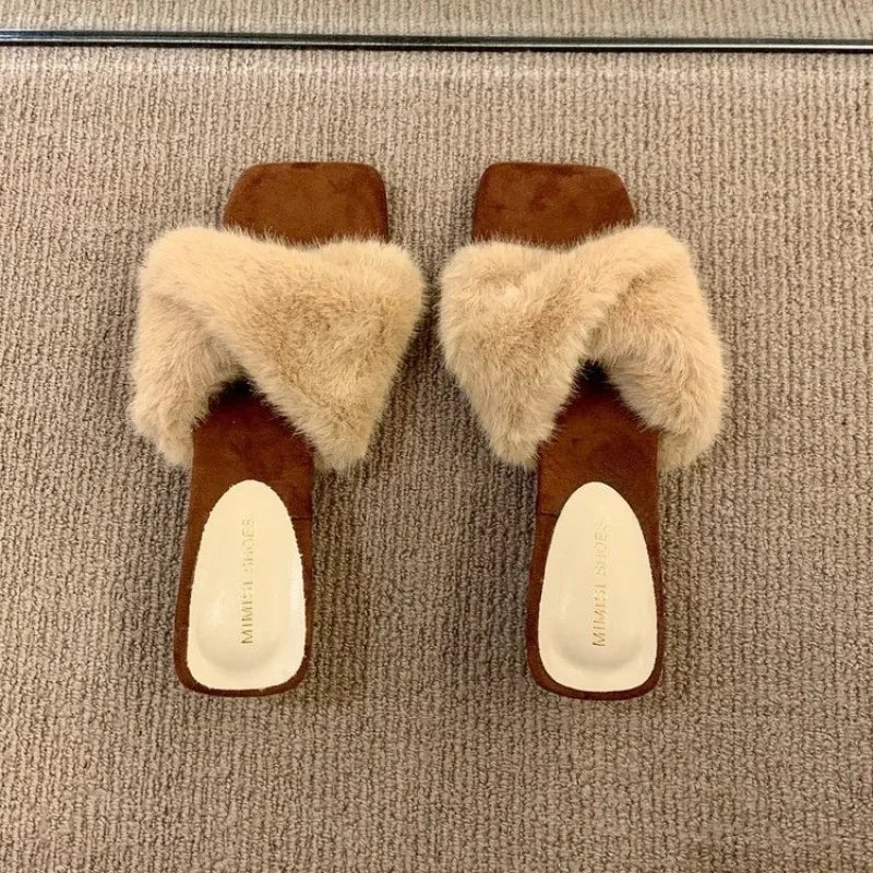 Women’s Faux-Fur Heeled Slippers – Cross-Strap Open-Toe Mules with Sculpted Block Heels