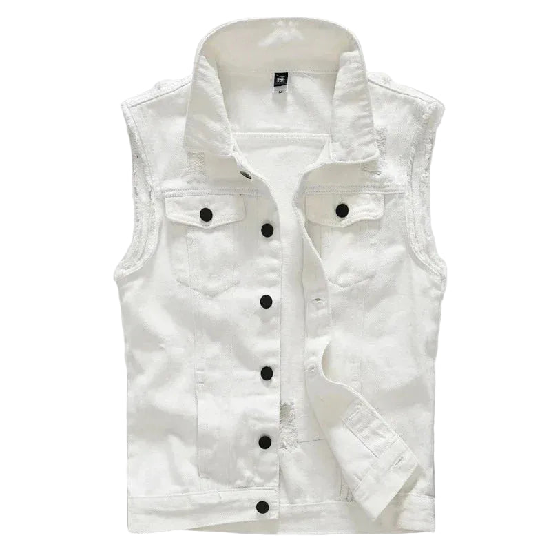 Gilet en jean sans manches pour homme, effet usé – veste trucker boutonnée à superposer, avec emmanchures effilochées et poches poitrine