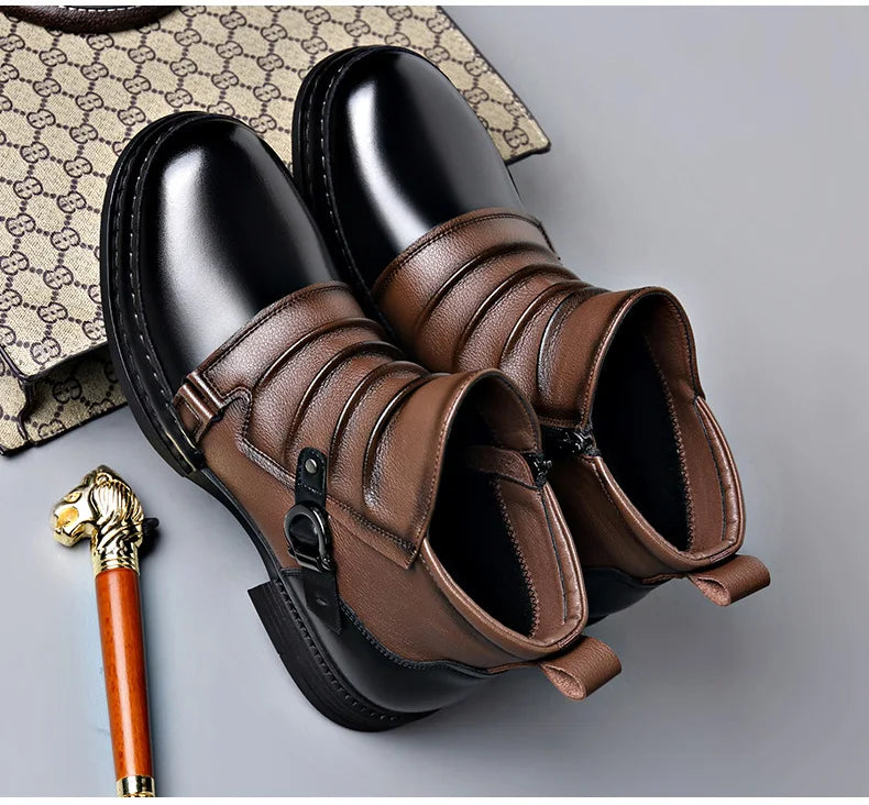 Men’s Retro Ankle Boots – Warm-Lined Side-Zip Low-Heel Winter Boots with Ruched Upper and Buckle Detail
