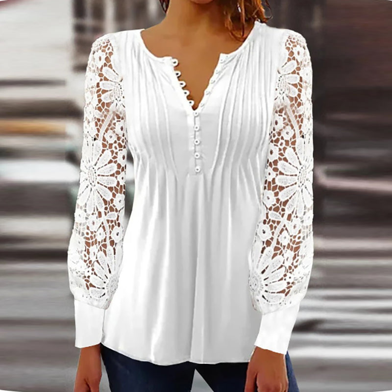 Blouse pour femme à manches en dentelle – Top à col V et plis nervurés pour une tenue élégante au quotidien