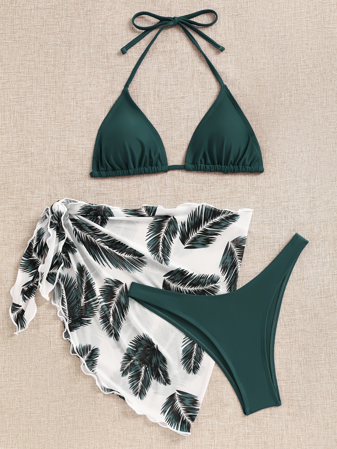 Conjunto de bikini de mujer con cuello halter, estampado y pareo, ropa de baño para resort.