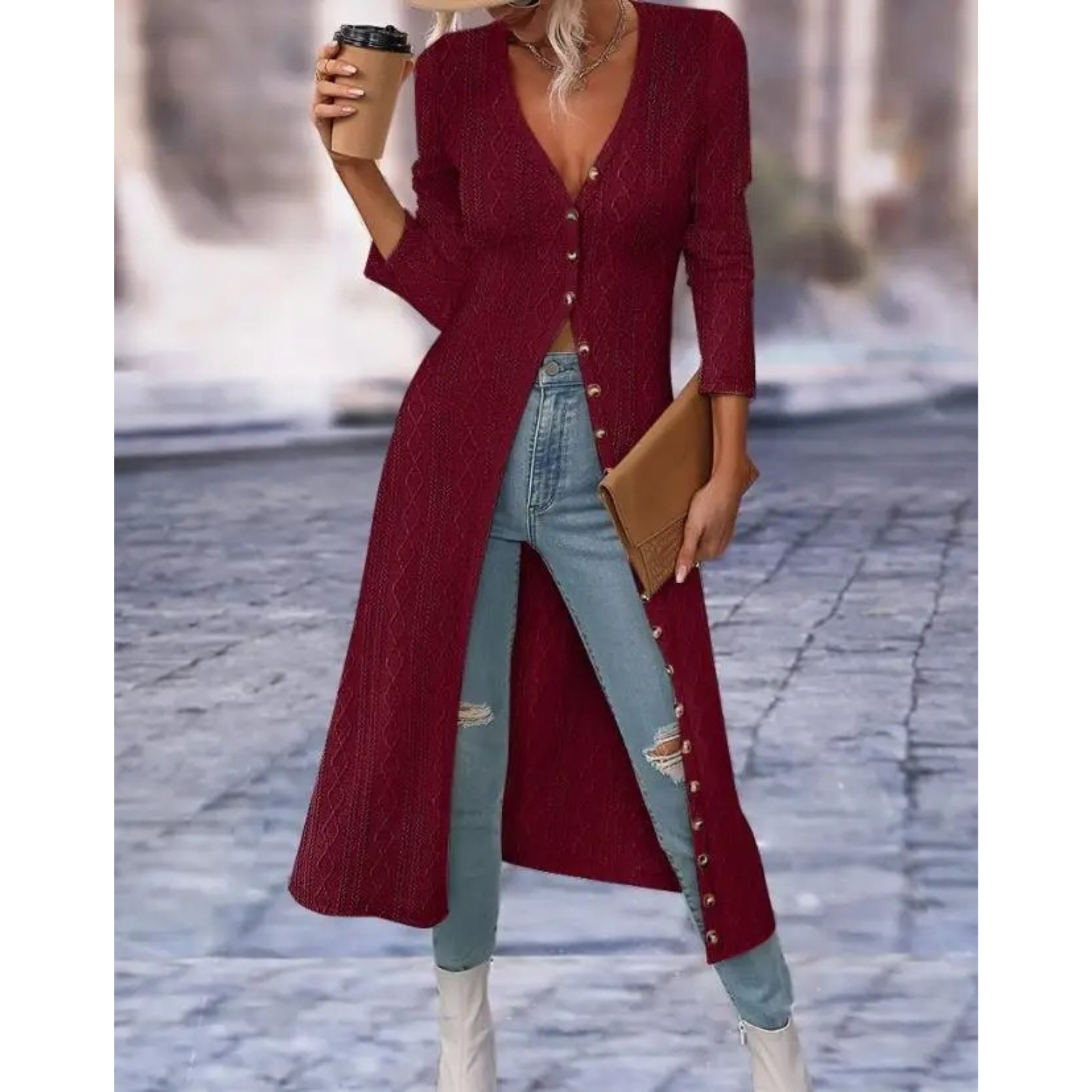 Women’s Longline V Neck Button Jacket – Lightweight Comfortable Stylish Casual Elegant Everyday Outerwear